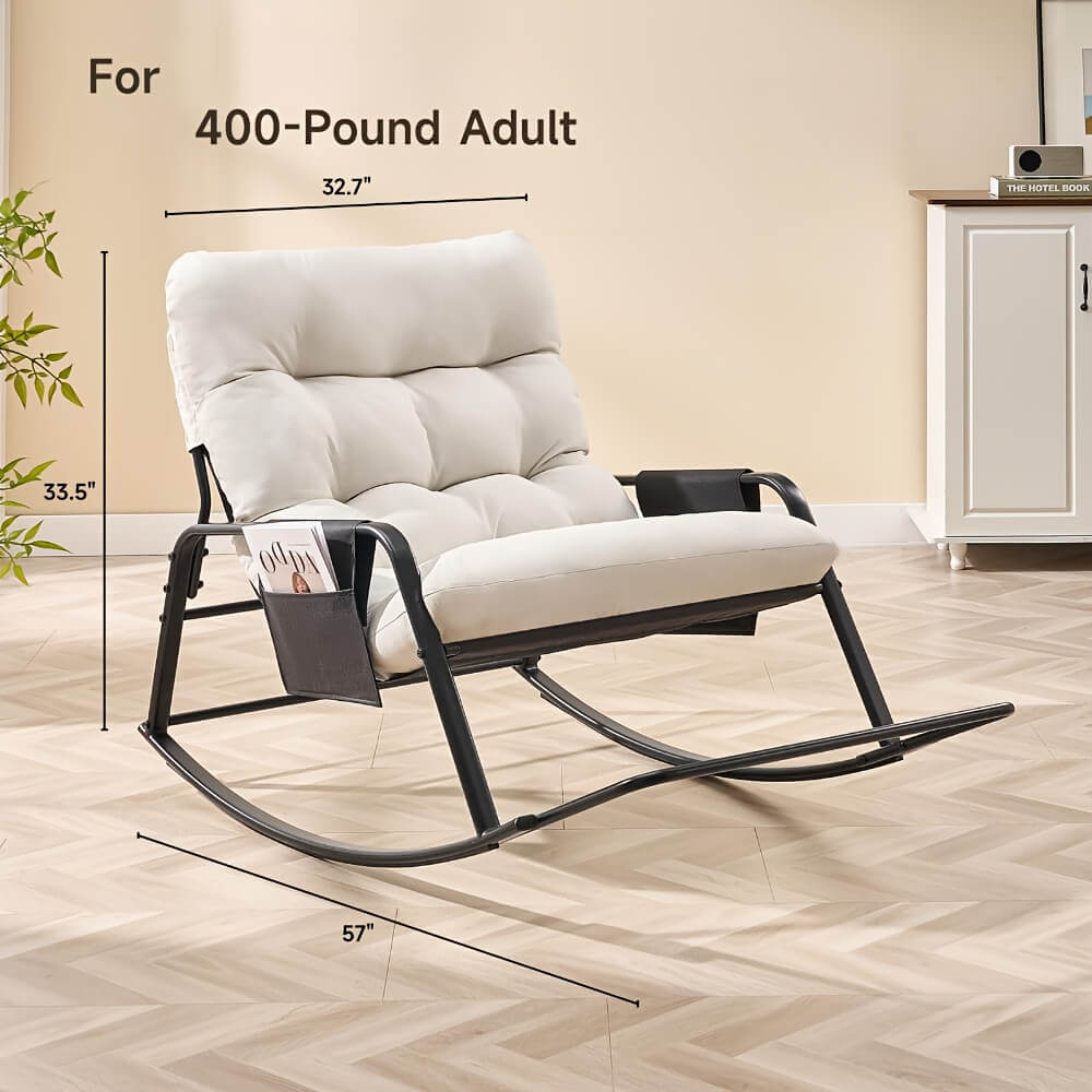 Rocking chair with dimensions for a 400-pound adult on a wooden floor.