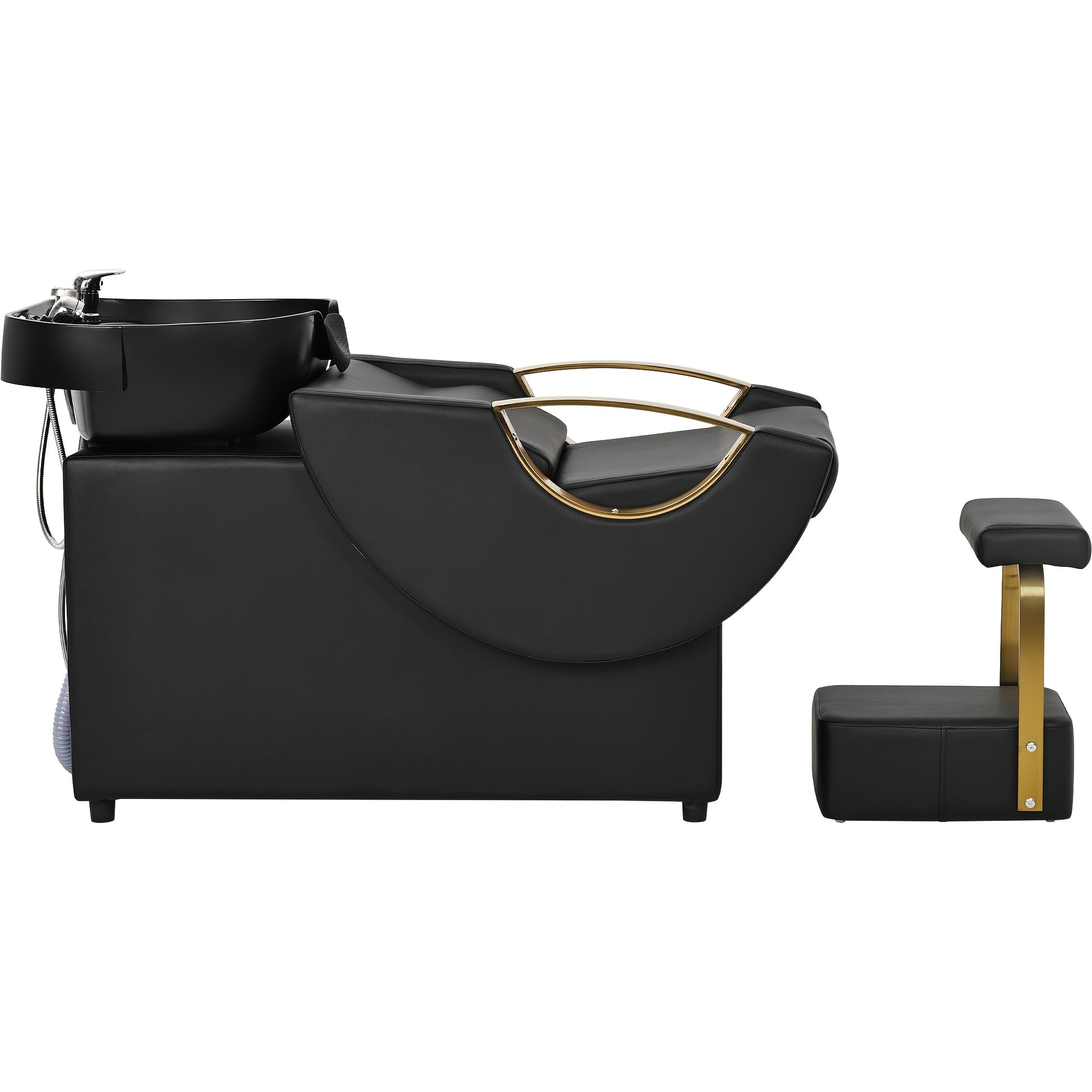 Black salon backwash unit with sink and headrest on a white background
