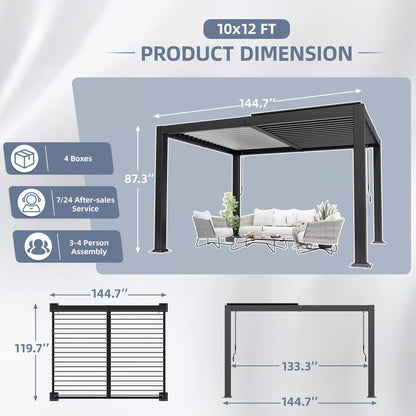 Dimensions of a 10x12 FT outdoor gazebo with furniture layout and service information.