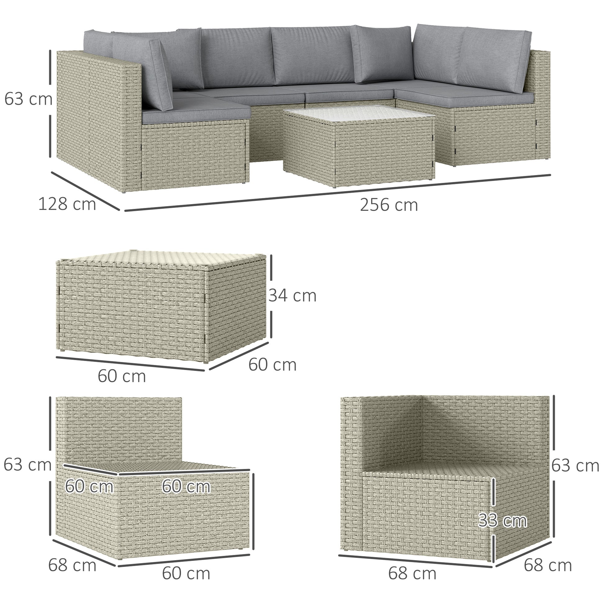 Outdoor furniture set with dimensions labeled on a white background