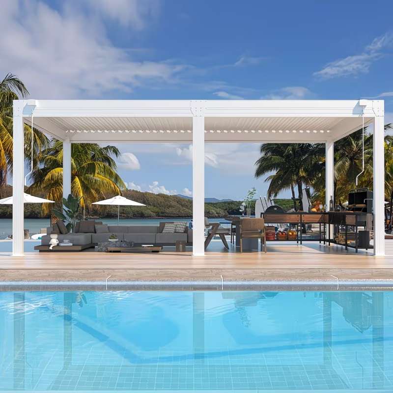Outdoor patio with white pergola, furniture, and pool area.