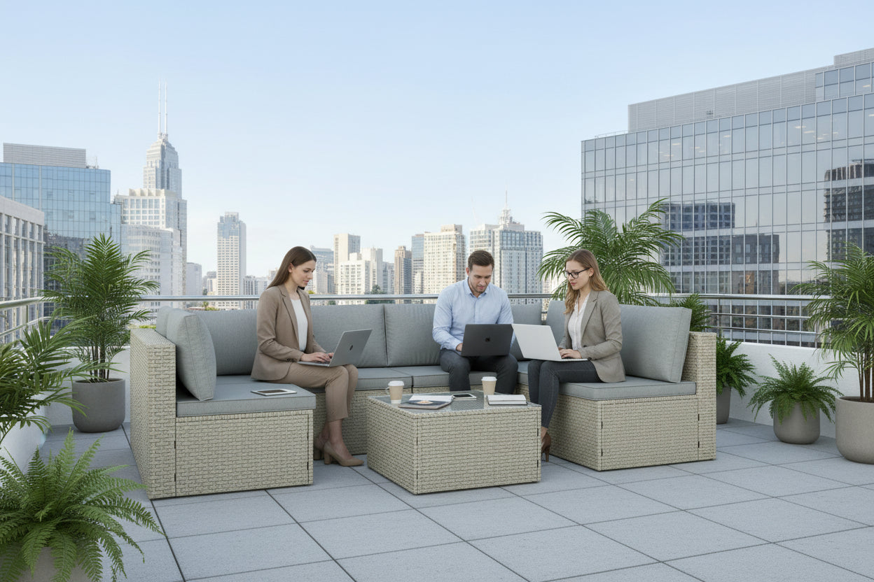 Outdoor furniture set with a sectional sofa and ottoman on a white background