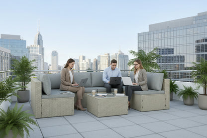 Outdoor furniture set with a sectional sofa and ottoman on a white background