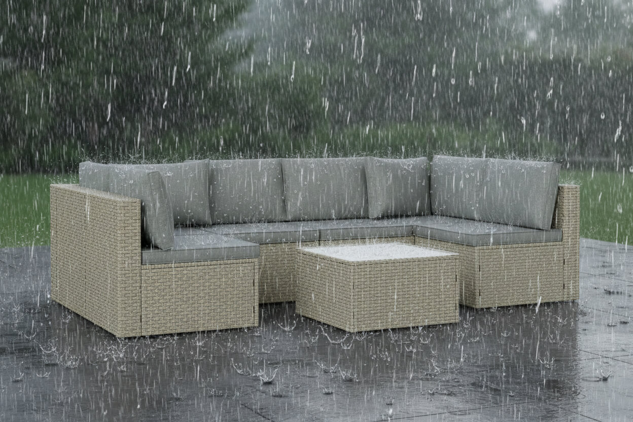 Outdoor patio furniture set with gray cushions during a rain shower.