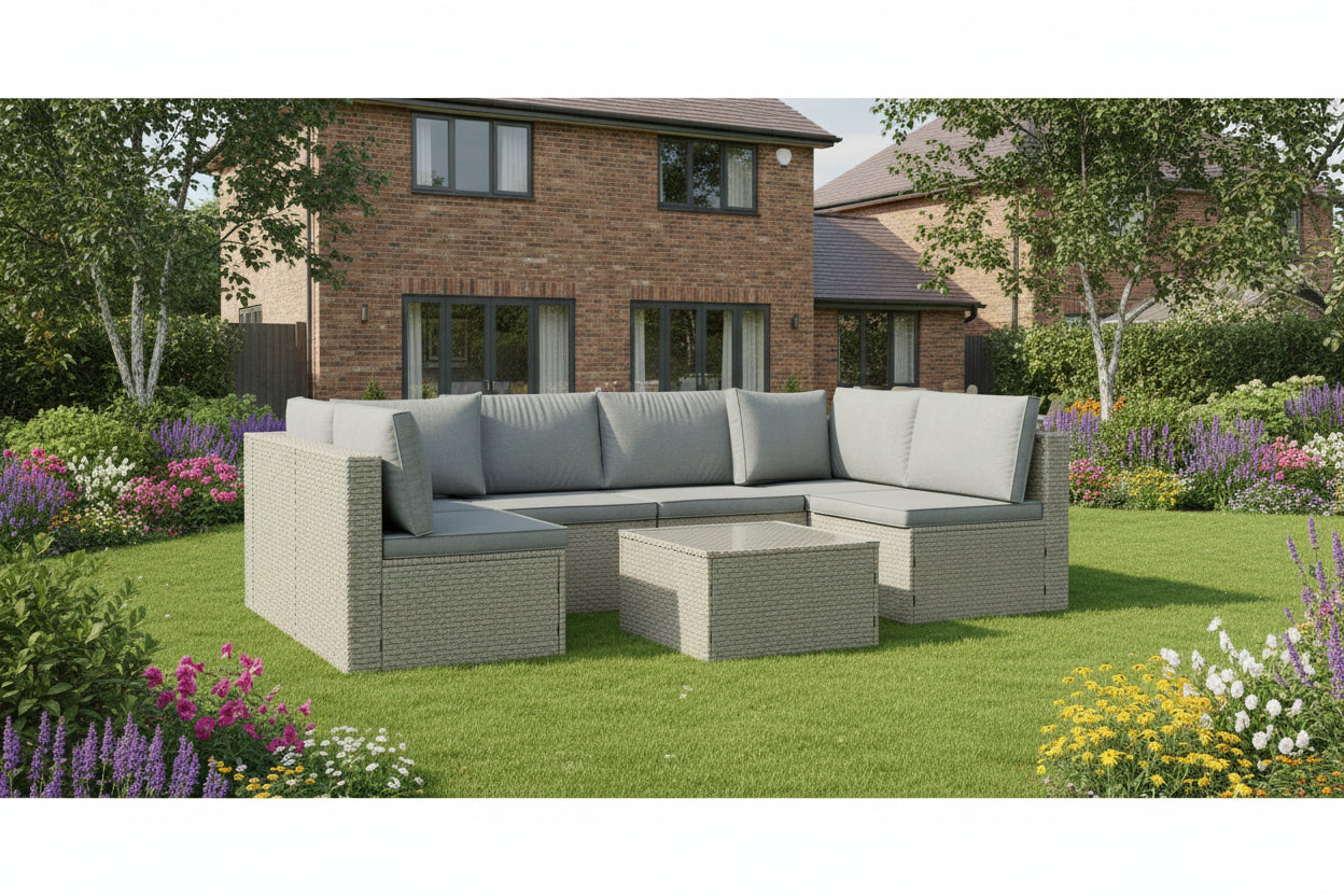 Outdoor furniture set with a sectional sofa and ottoman on a white background
