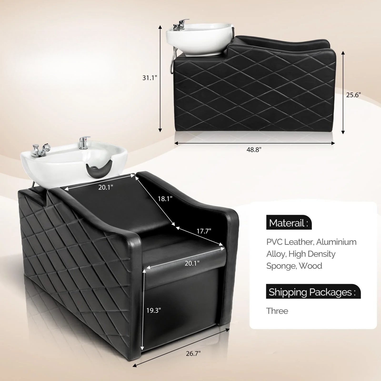 Black Stylish Salon Backwash Unit and dimensions displayed on a beige background