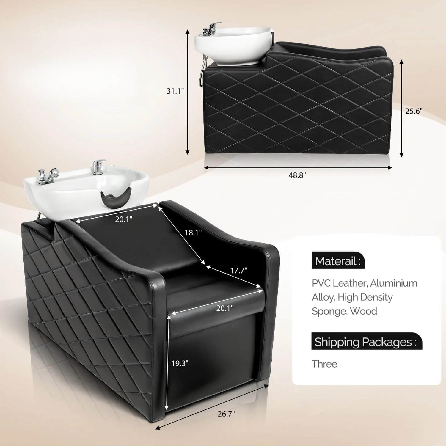 Black Stylish Salon Backwash Unit and dimensions displayed on a beige background