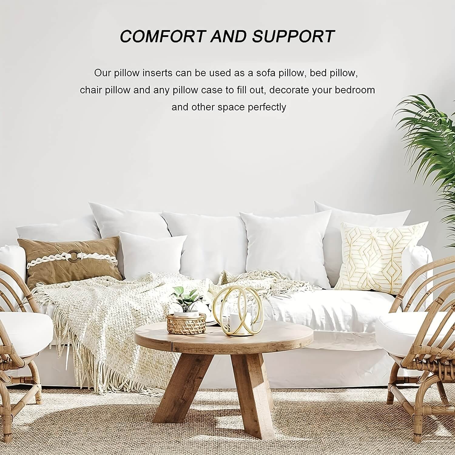 Living room with white sofa, decorative pillows, and wooden coffee table.