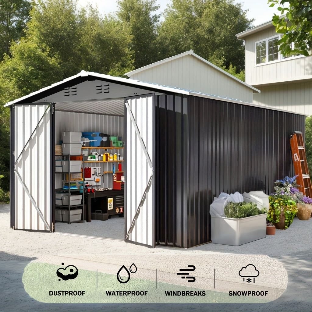 Modern outdoor shed​ with open doors, showing various items inside, surrounded by trees and a house.
