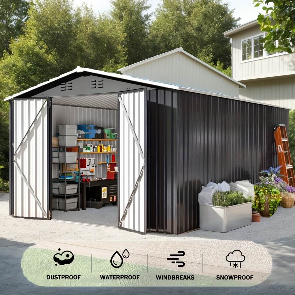 Modern outdoor shed​ with open doors, showing various items inside, surrounded by trees and a house.