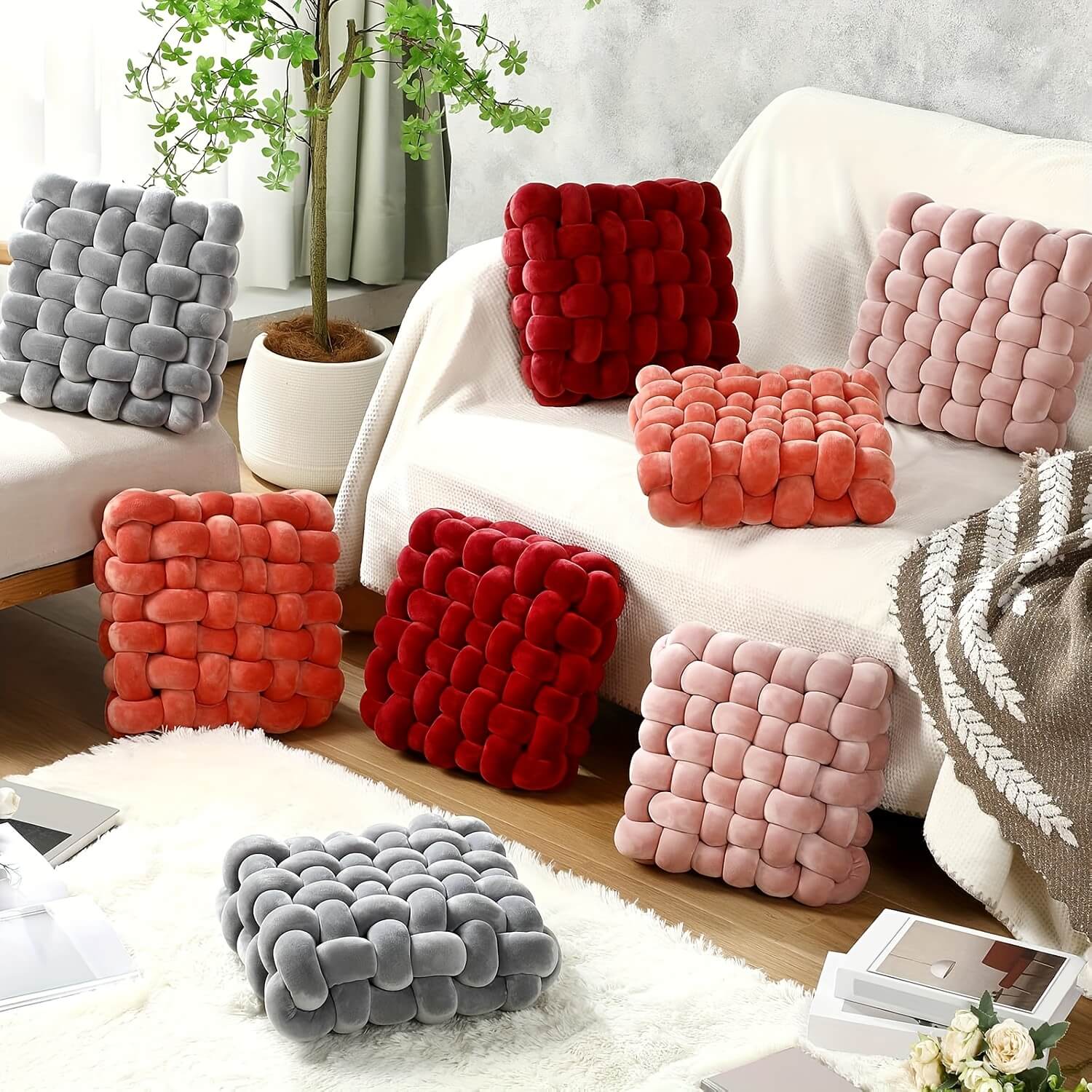 Colorful textured pillows on a sofa in a living room setting