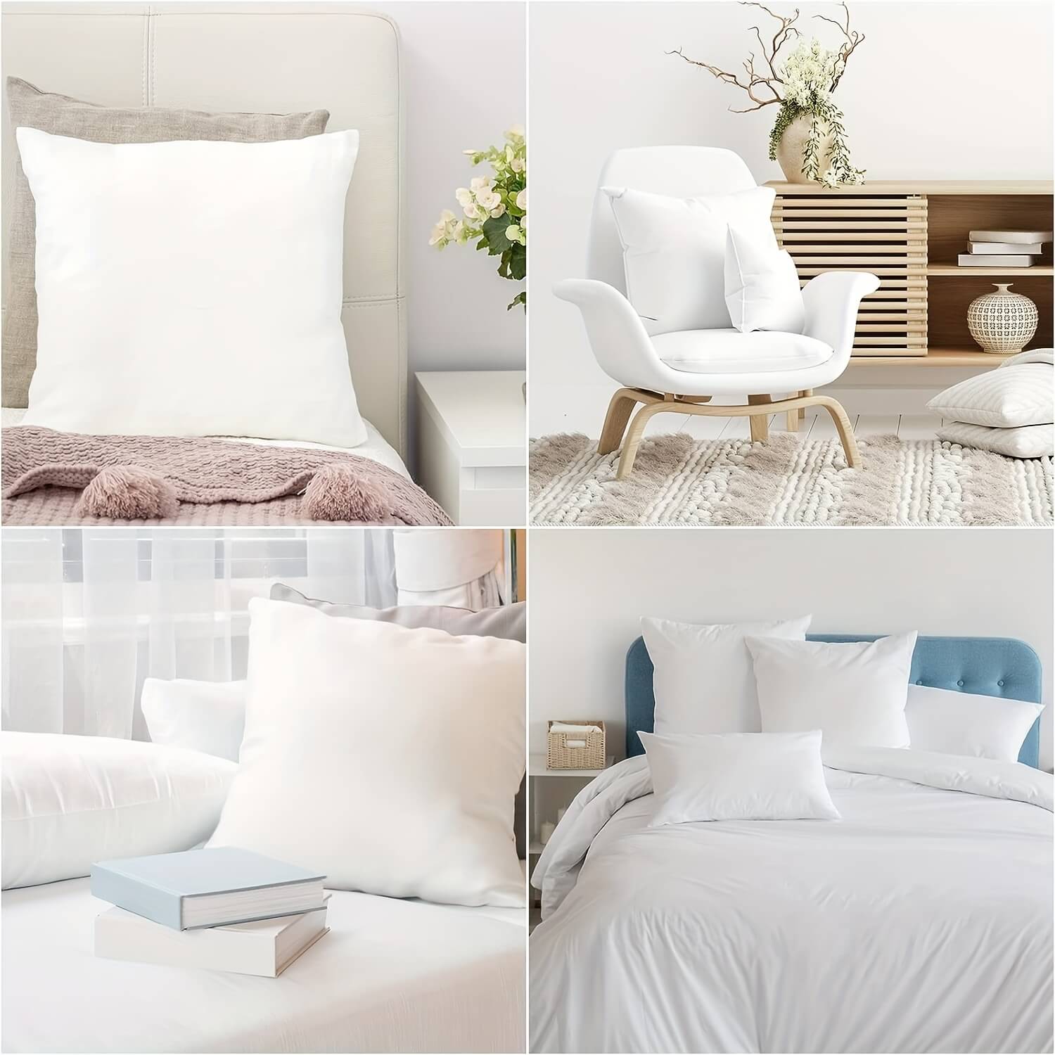 Collage of bedroom and living room scenes with white bedding and decor.