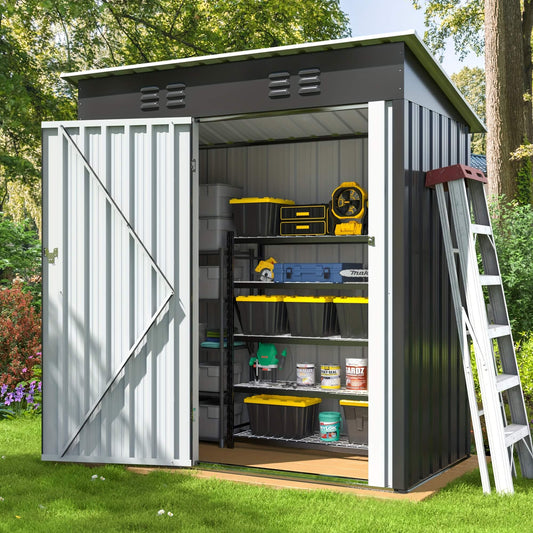 Storage shed with shelves and tools in a garden setting
