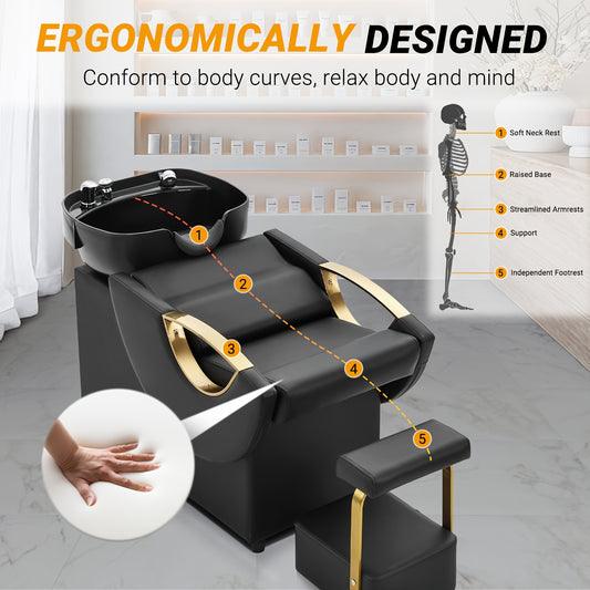 Ergonomic salon backwash unit with features highlighted and a skeleton illustration for scale.