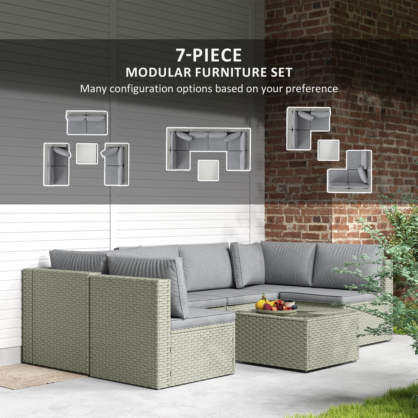 7-piece modular furniture set with gray sofa and beige coffee table on a patio.