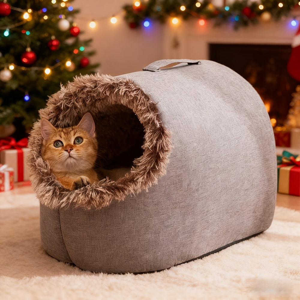 Cat inside a cozy gray cat cave bed with a Christmas tree and decorations in the background