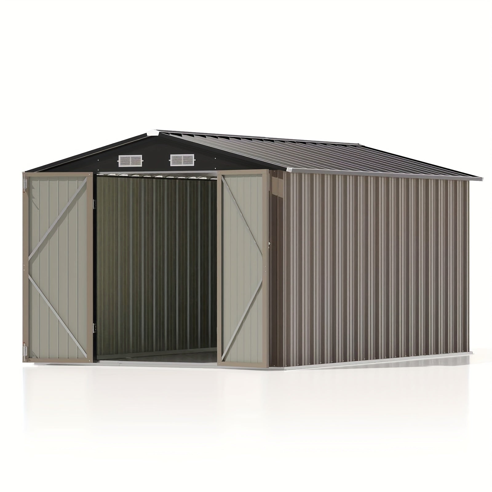 Metal storage shed with a brown and gray color scheme on a white background
