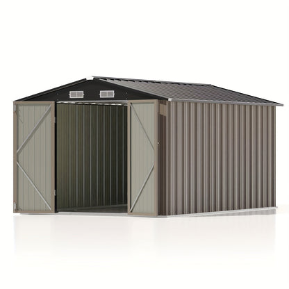 Metal storage shed with a brown and gray color scheme on a white background