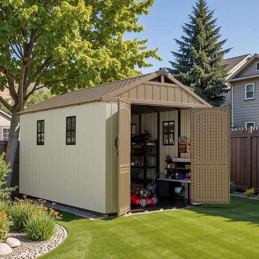 Resin outdoor storage shed with open doors in a backyard setting