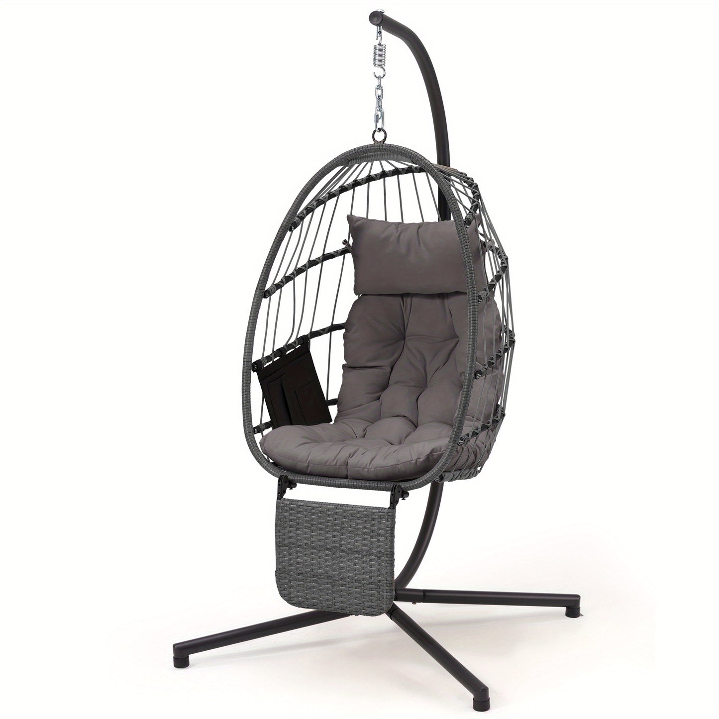 Gray hanging chair with stand on a white background