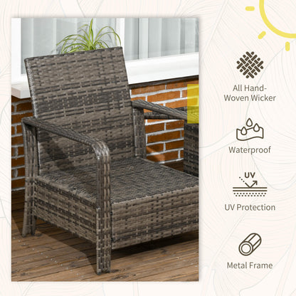 Wicker chair on a deck with waterproof and UV protection features highlighted.