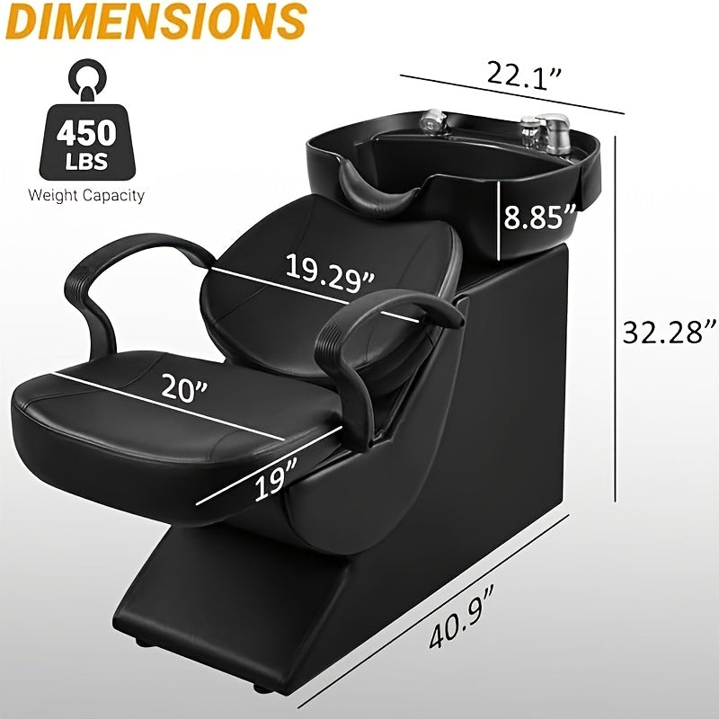 Black hair salon backwash unit with dimensions and weight capacity displayed