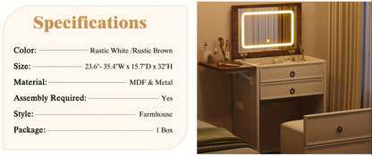 Vanity set with lighted mirror with lighted mirror with specifications on a white background