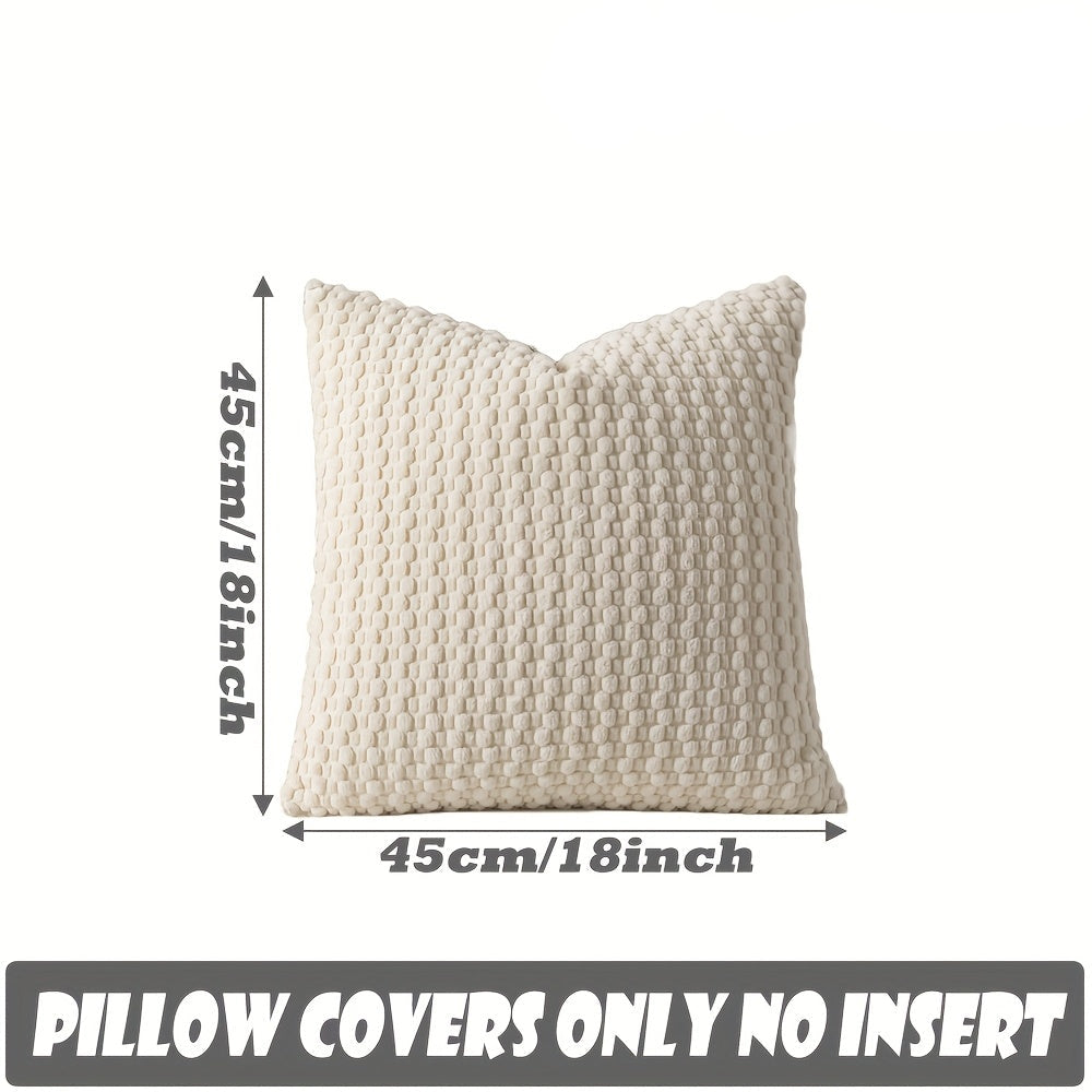 Beige textured pillow with dimensions  on a white background