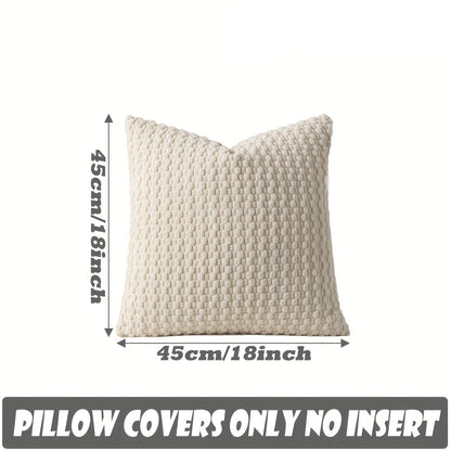 Beige textured pillow with dimensions  on a white background