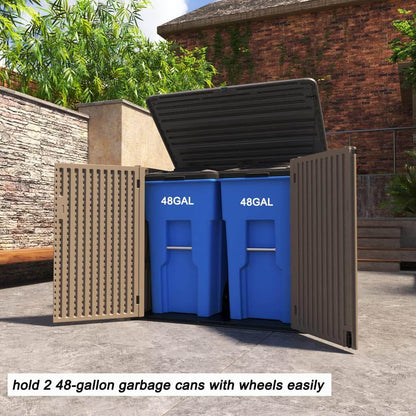 Two blue 48-gallon garbage cans inside a beige resin outdoor storage shed with wheels on a patio.