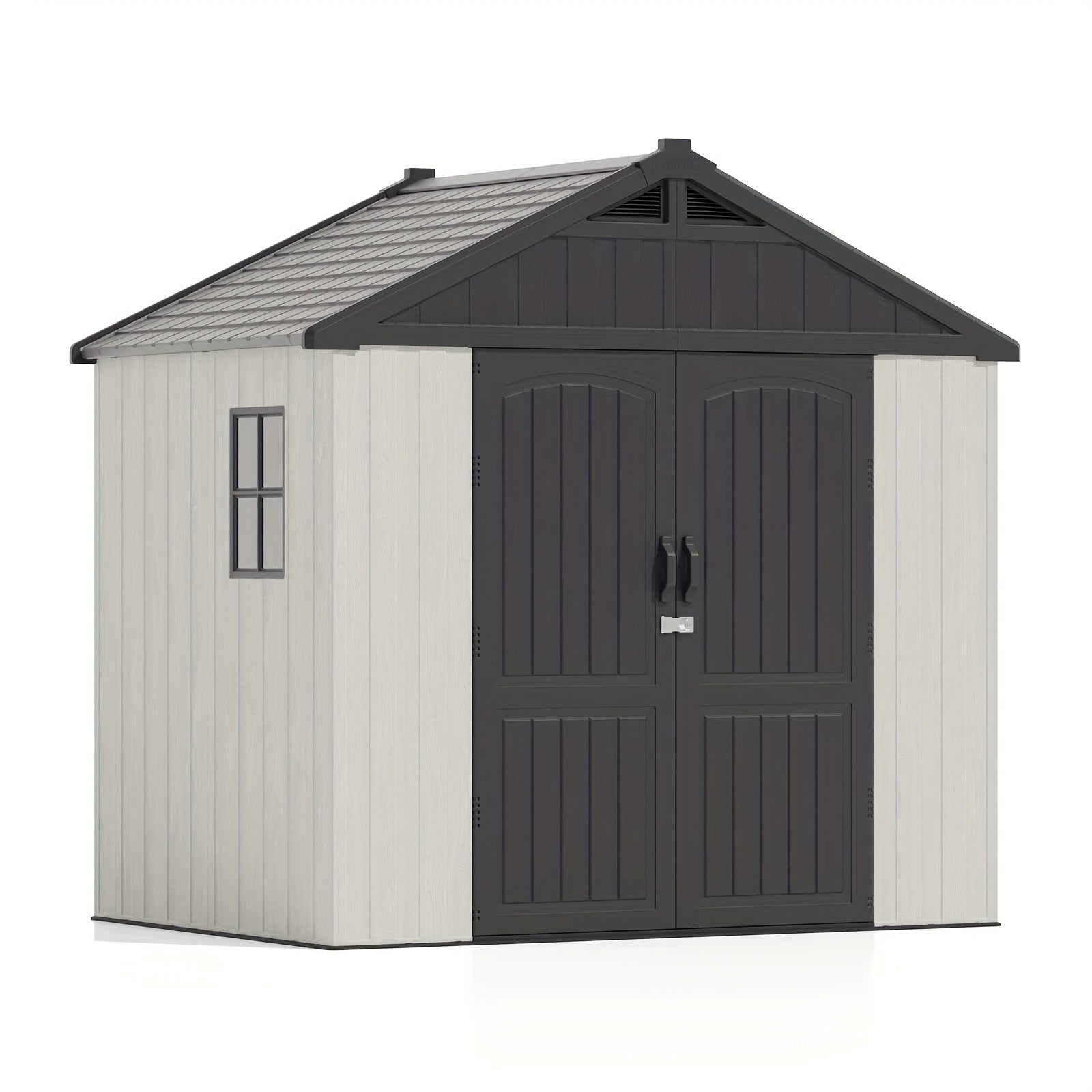 Resin outdoor storage shed with black roof and white body on a white background