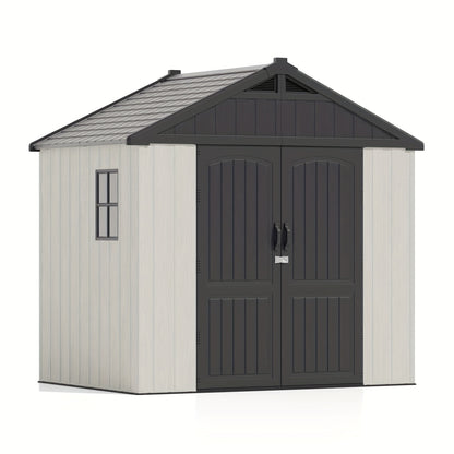 Resin outdoor storage shed with black roof and white body on a white background