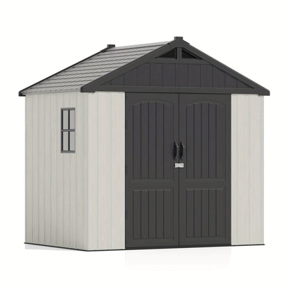 Resin outdoor storage shed with a dark roof and light body on a white background