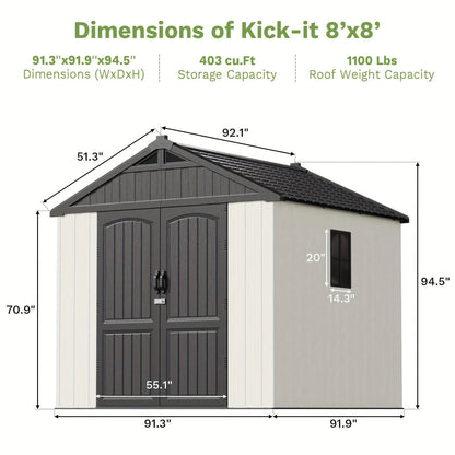 Dimensions of a 8x8 resin outdoor storage shed with measurements and specifications.
