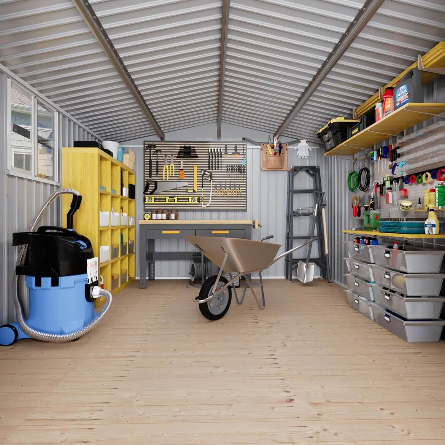 Organized garage with tools, shelves, and storage units.