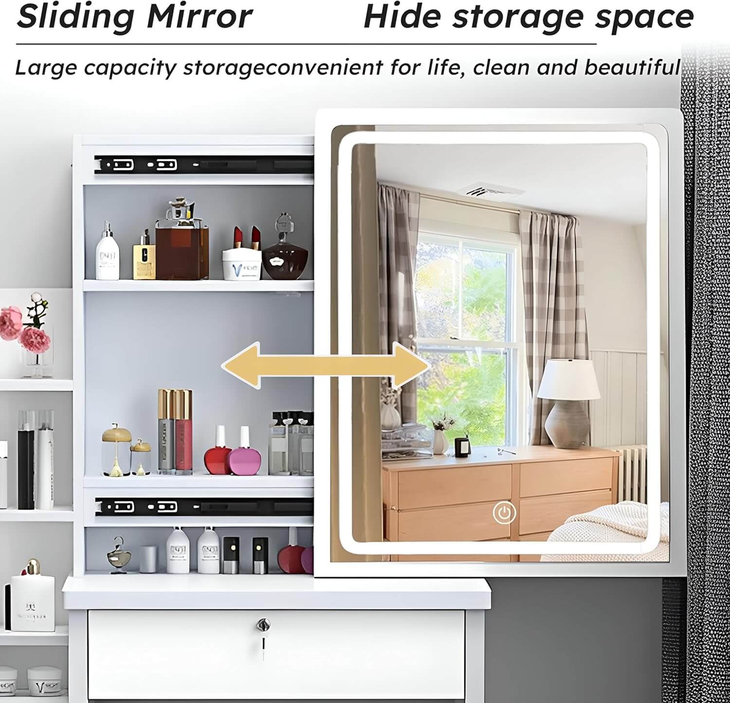 Sliding mirror with storage space for life, clean, and beautiful.
