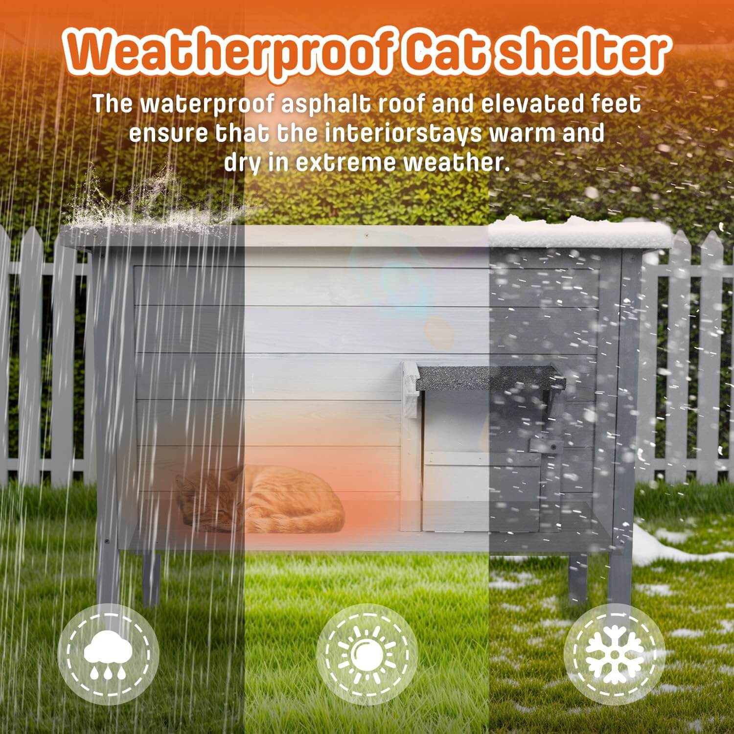Weatherproof cat shelter with rain, snow, and sun icons to indicate its weather-resistant features.