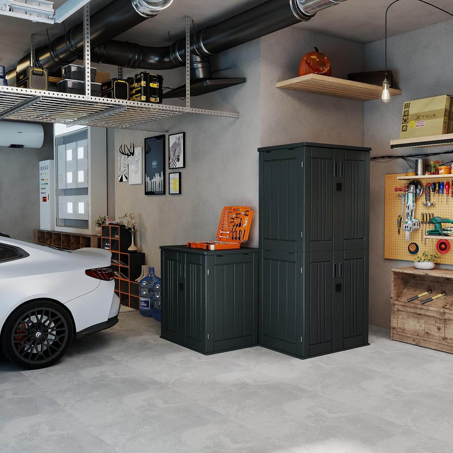 Garage with black storage cabinets, a car, and shelves with tools and decor.