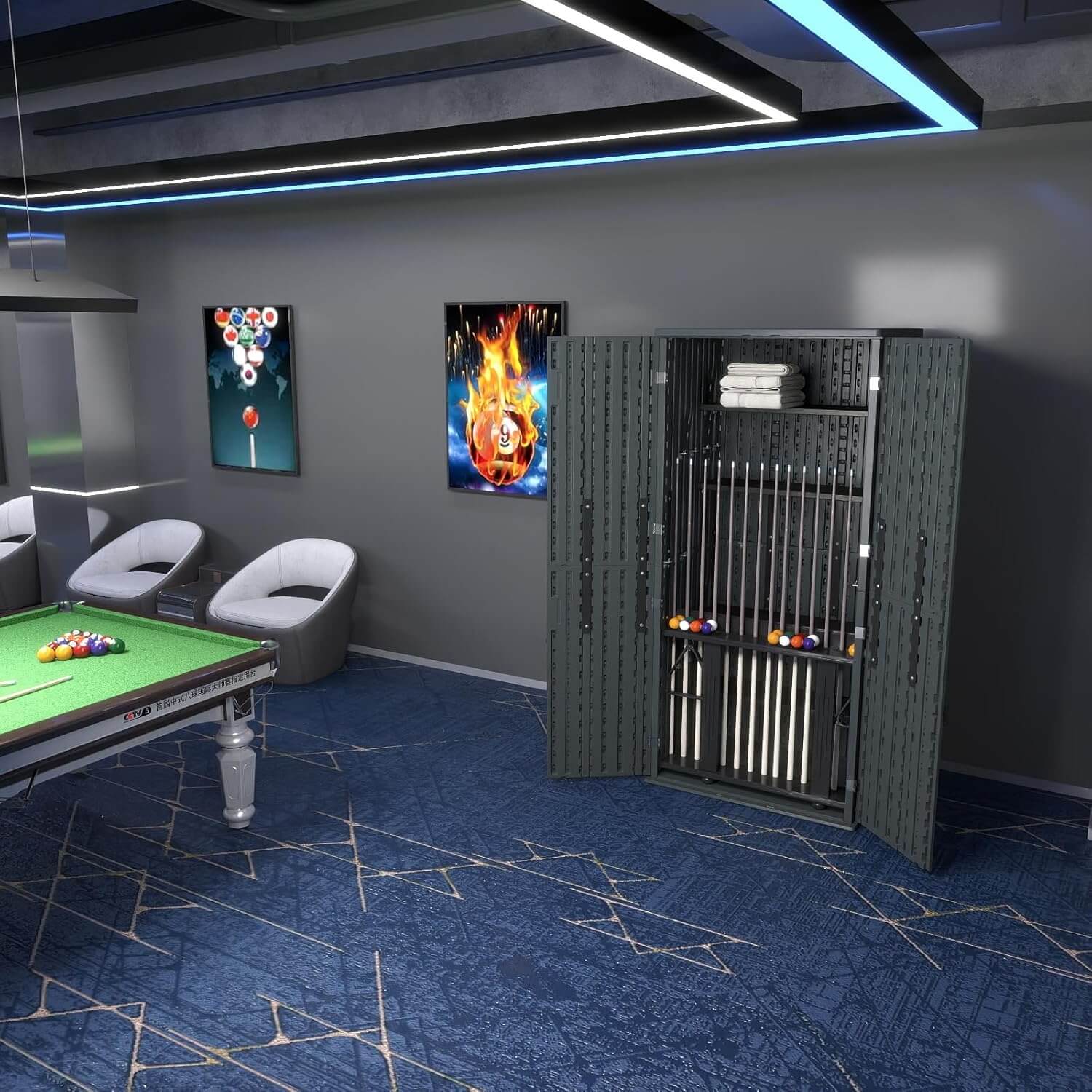 Room with pool table, chairs, and a storage unit for pool cues.