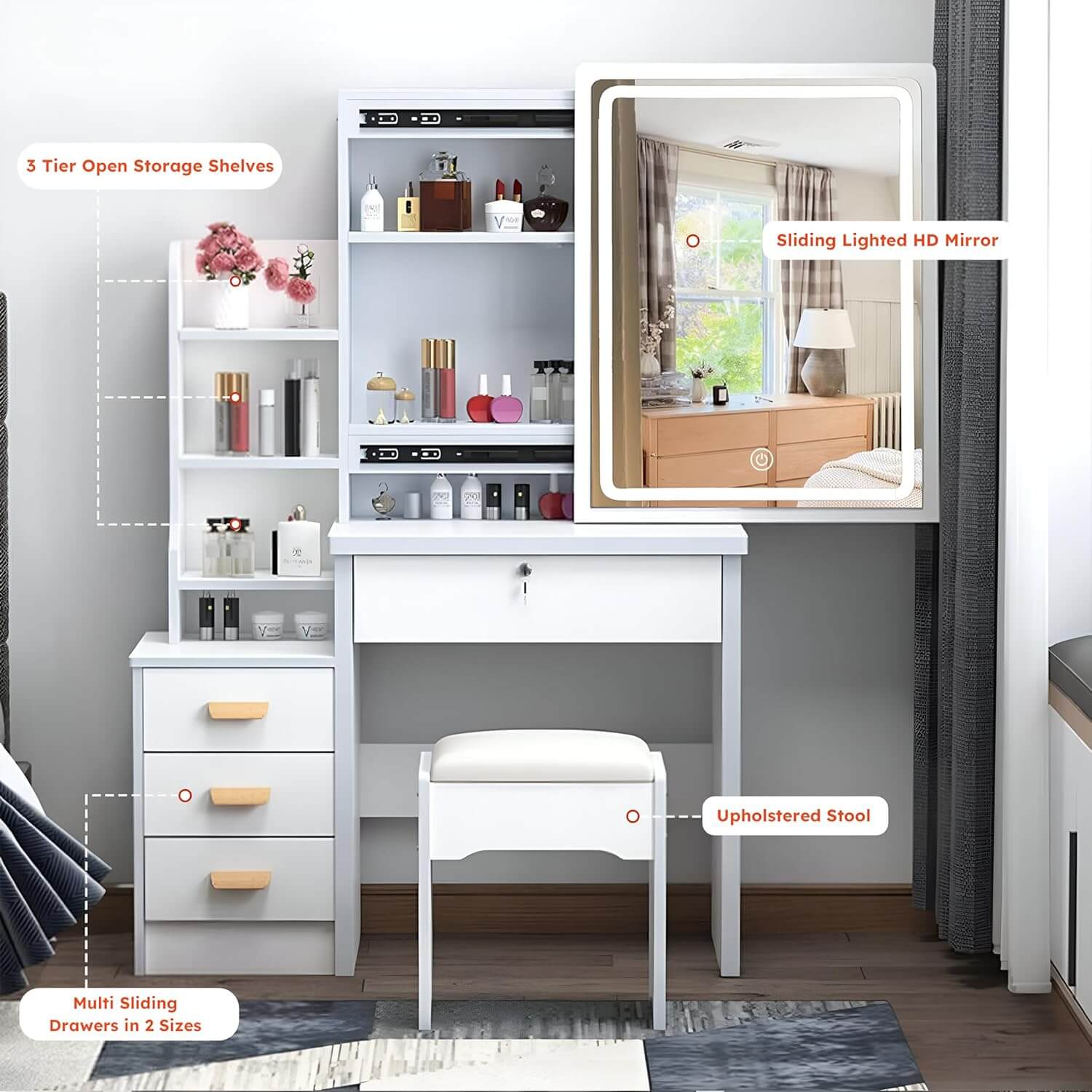 White vanity table with mirror, storage shelves, and stool in a room setting.