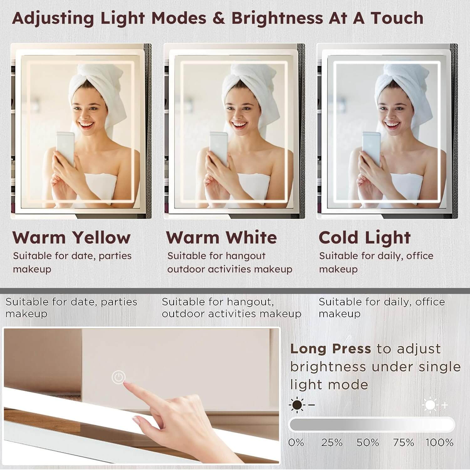 The white vanity desk set showing its adjustable LED light and high definition mirror