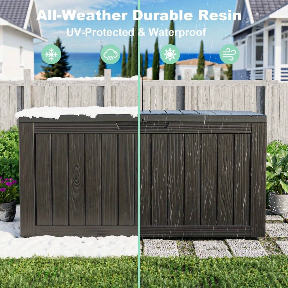 Wooden storage box with snow on top and rain on sides, labeled 'All-Weather Durable Resin'.