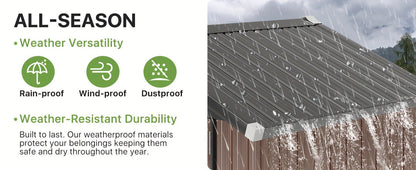 Roof with snow and text highlighting weather resistance and durability