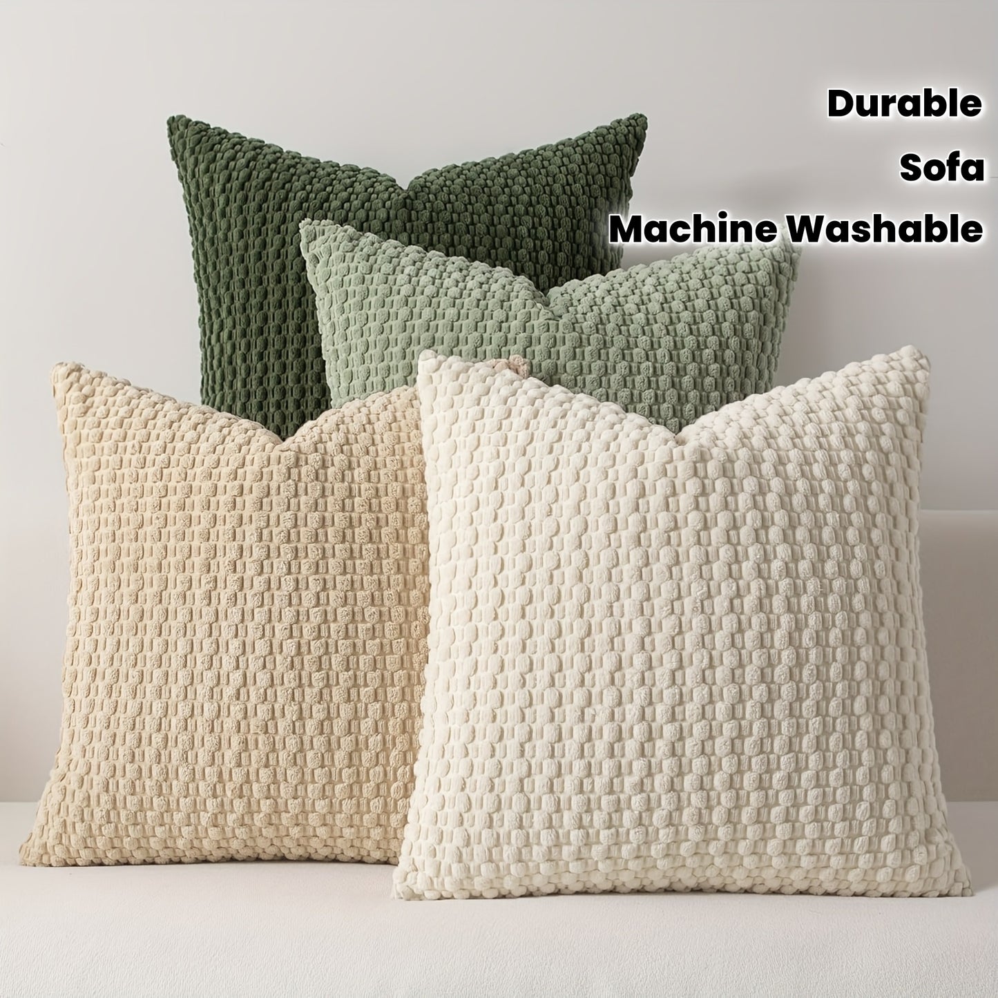 Textured throw pillows in green, beige, and white on a light background with text indicating durability and machine washability.