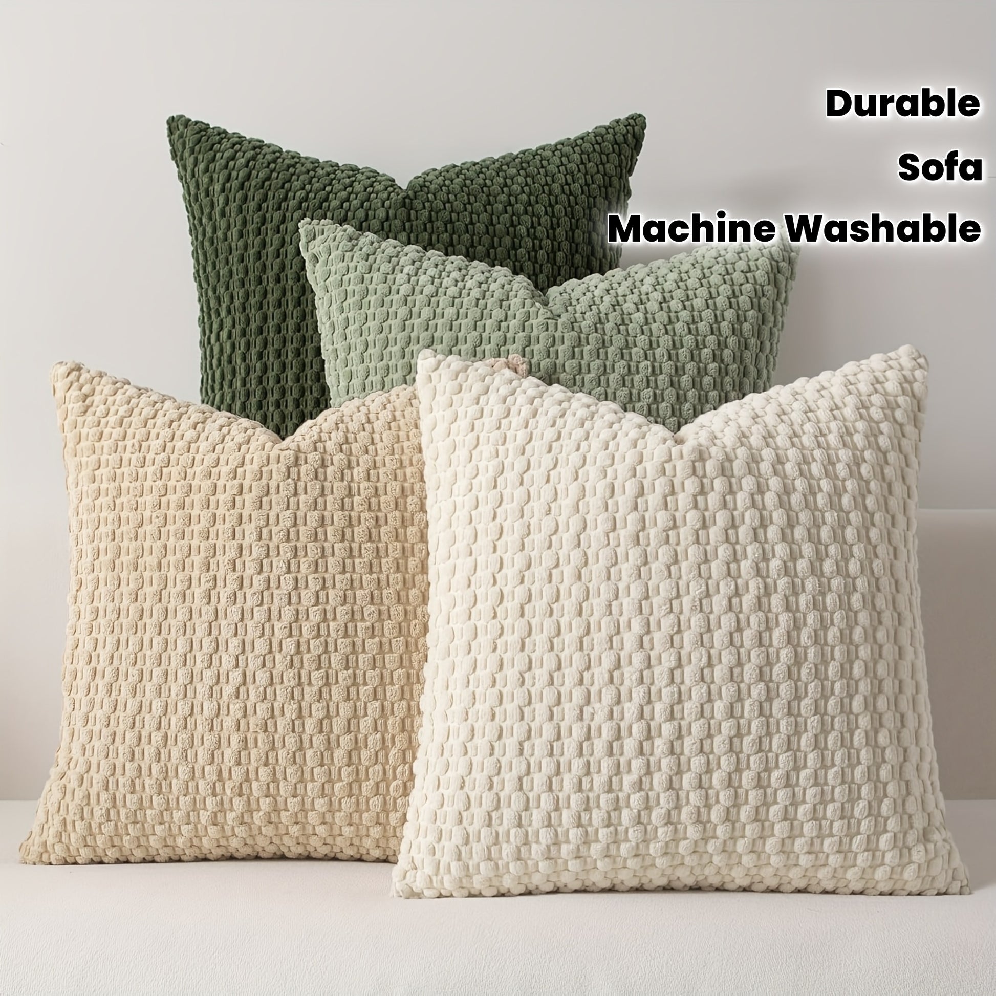 Textured throw pillows in green, beige, and white on a light background with text indicating durability and machine washability.