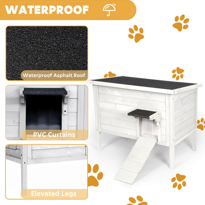Dog house with waterproof roof, PVC curtains, and elevated legs on a white background.