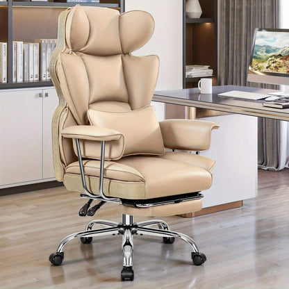 Beige executive office chair with headrest in a home office setting