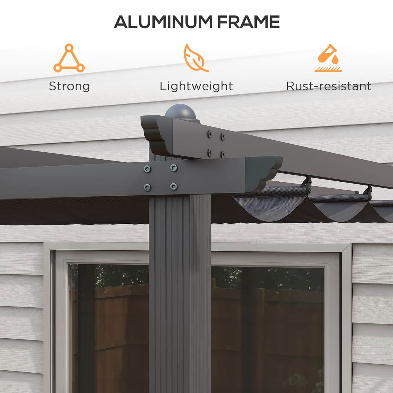 The top of a heavy-duty aluminum pergola with retractable roof
