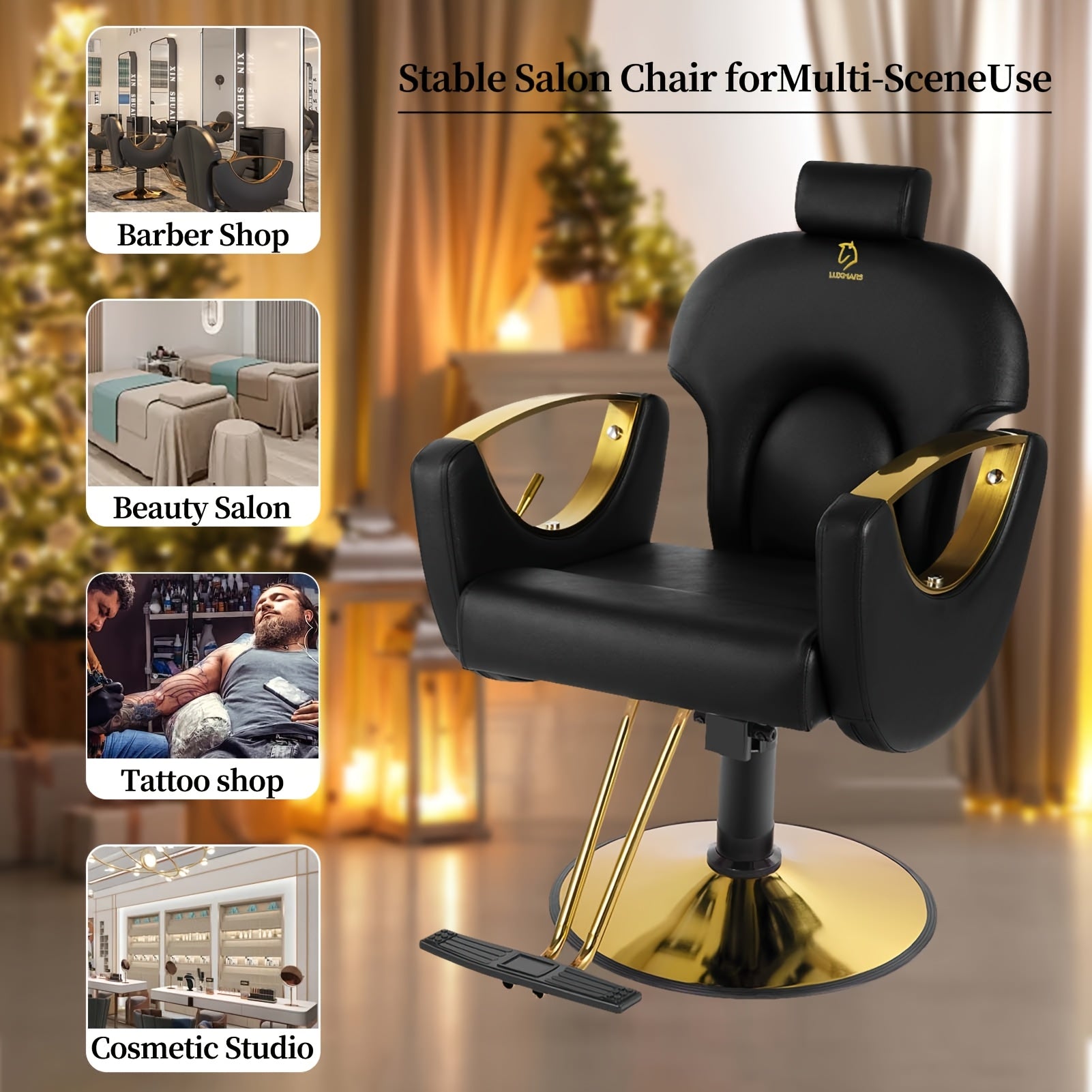 Black and gold reclining barber chair with multiple use scenarios displayed.