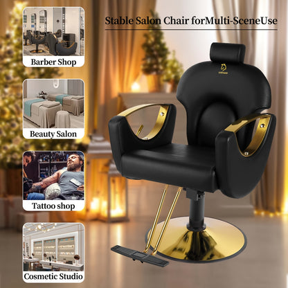Black and gold reclining barber chair with multiple use scenarios displayed.